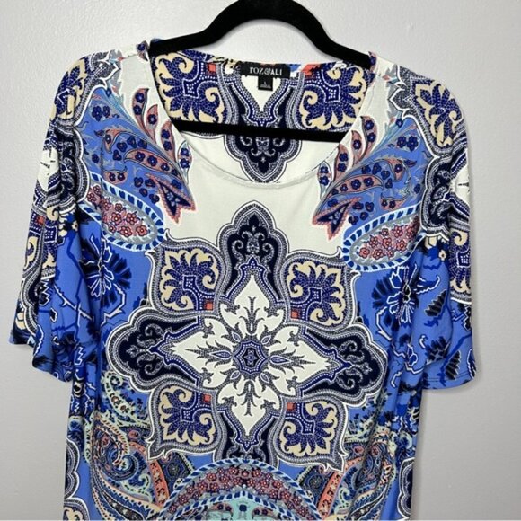 Roz & Ali Short Sleeve Blue Coral White Multi Stretch Blouse Large - Picture 3 of 11